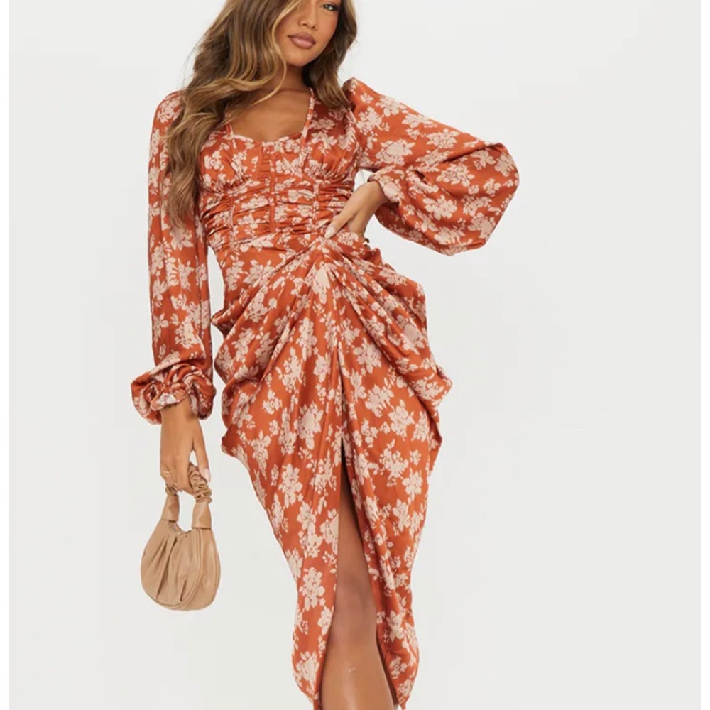 Rust Floral Print Satin Cup Detail Draped Midi Dress